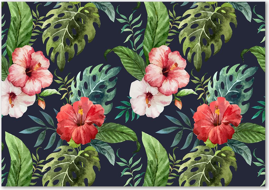 Tulup Leinwandbild - 100x70 cm - Wandkunst - Drucke auf Leinwand - Leinwanddruck - Blumen & Pflanzen - Mehrfarbig - Hibiskus Monstera