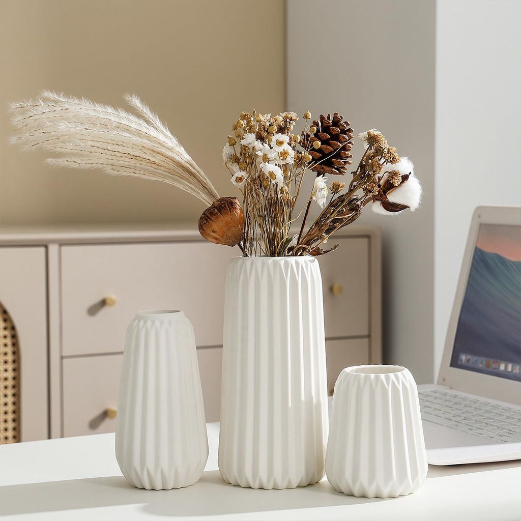 Keramik Vasen Set von 3 Weiße Matte Vasen für Pampasgras, Trockenblumen & Home Decor, Modernes Boho und Skandinavisches Design mit Natürlicher T...