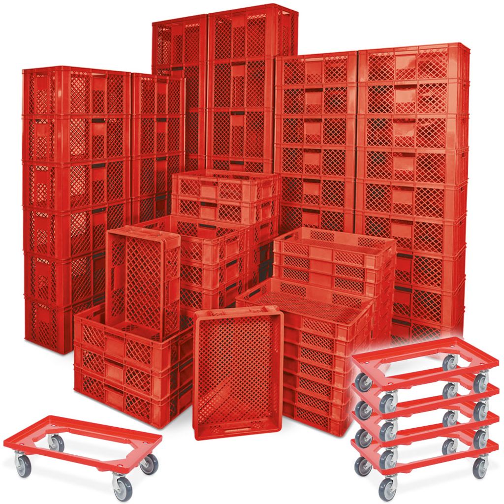 78 Stück Stapelkörbe/Bäckerkästen in 5 Größen, Grundmaß LxB 600 x 400 mm, H 90 mm, 150 mm, 240 mm, 320 mm, 410 mm, Farbe rot + 5x Transportr...
