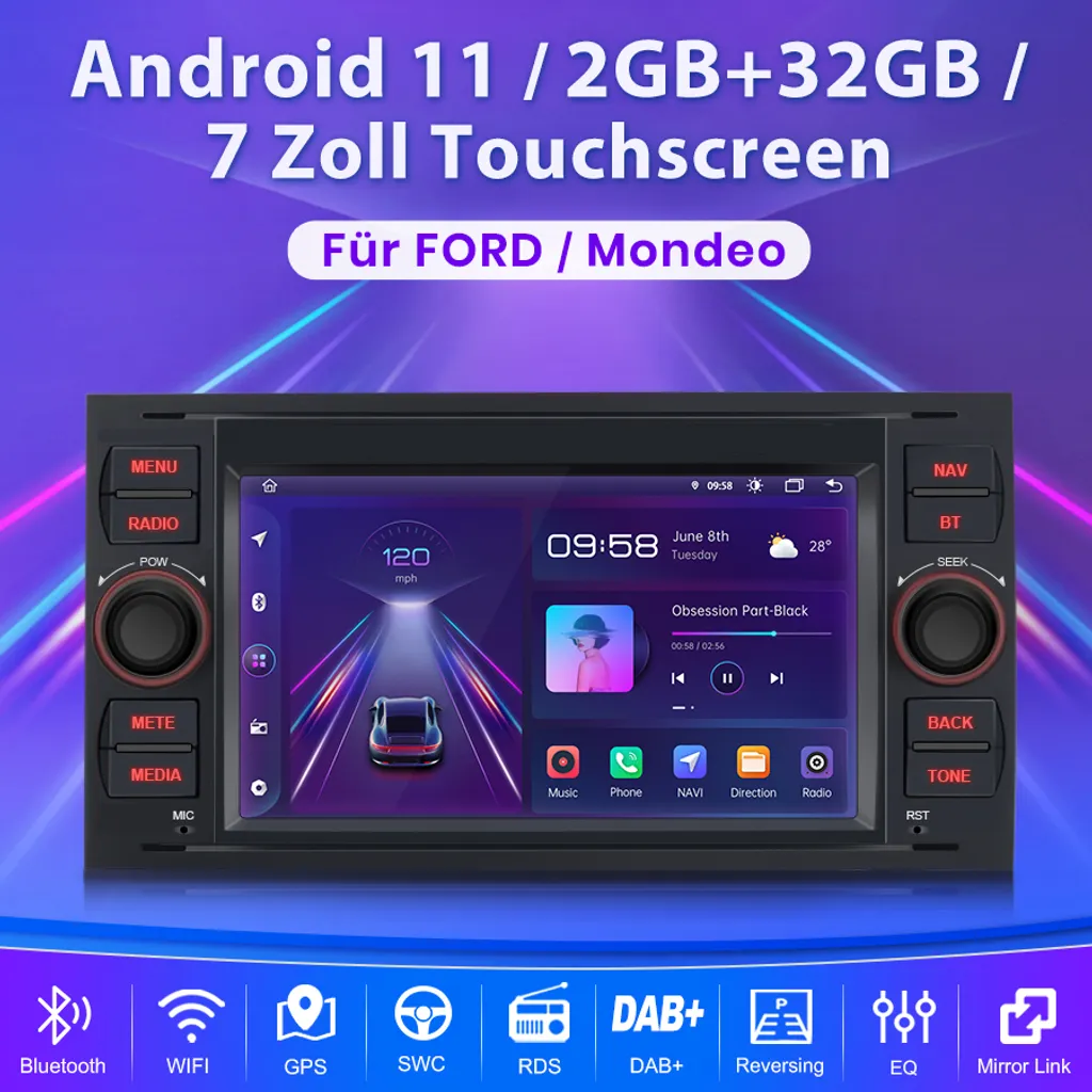 Autoradio GPS Ford Focus Mondeo Android 2DIN WiFi Bluetooth 4Core NAVI - 2