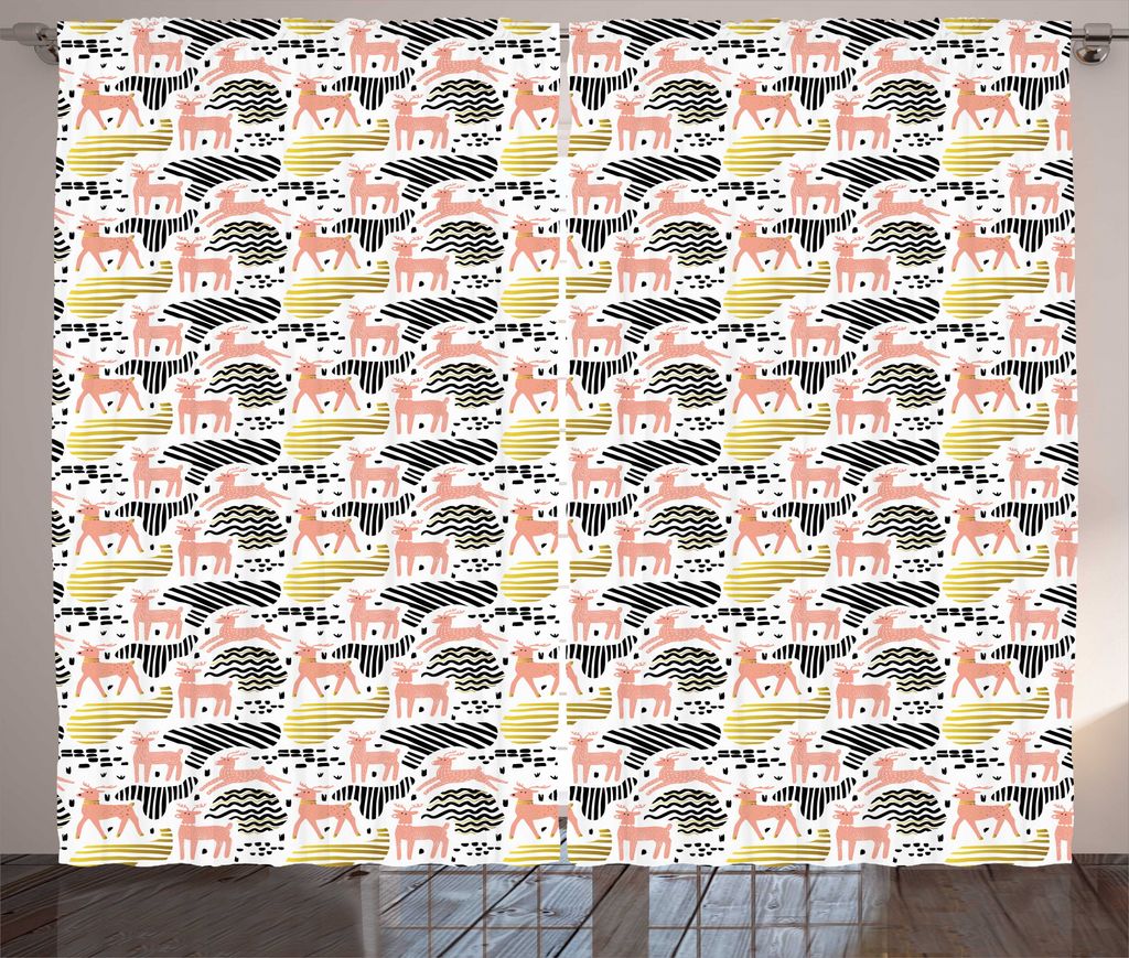 ABAKUHAUS holzig Rustikaler Gardine, Streifen und Deer Silhouetten, Schlafzimmer Kräuselband Vorhang mit Schlaufen und Haken, 280 x 225 cm, Koksgr...