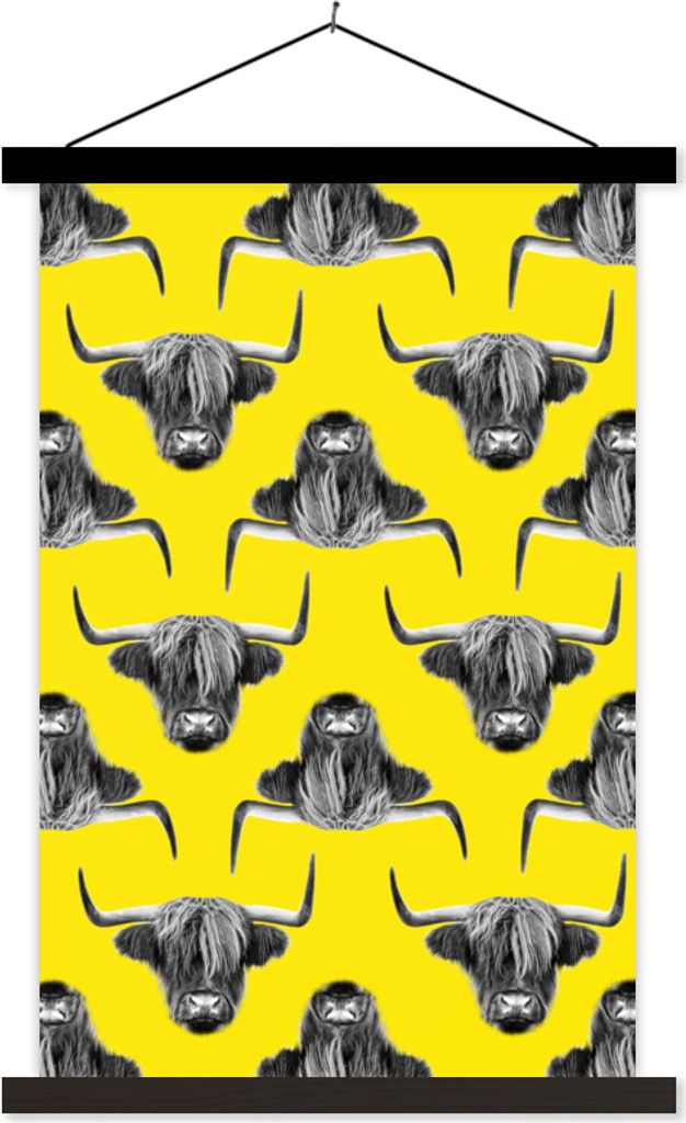 MuchoWow Textilposter Schottisches Hochlandrind - Gelb - Muster 60x90 cm mit schwarzem Rahmen - Poster Wohnzimmer