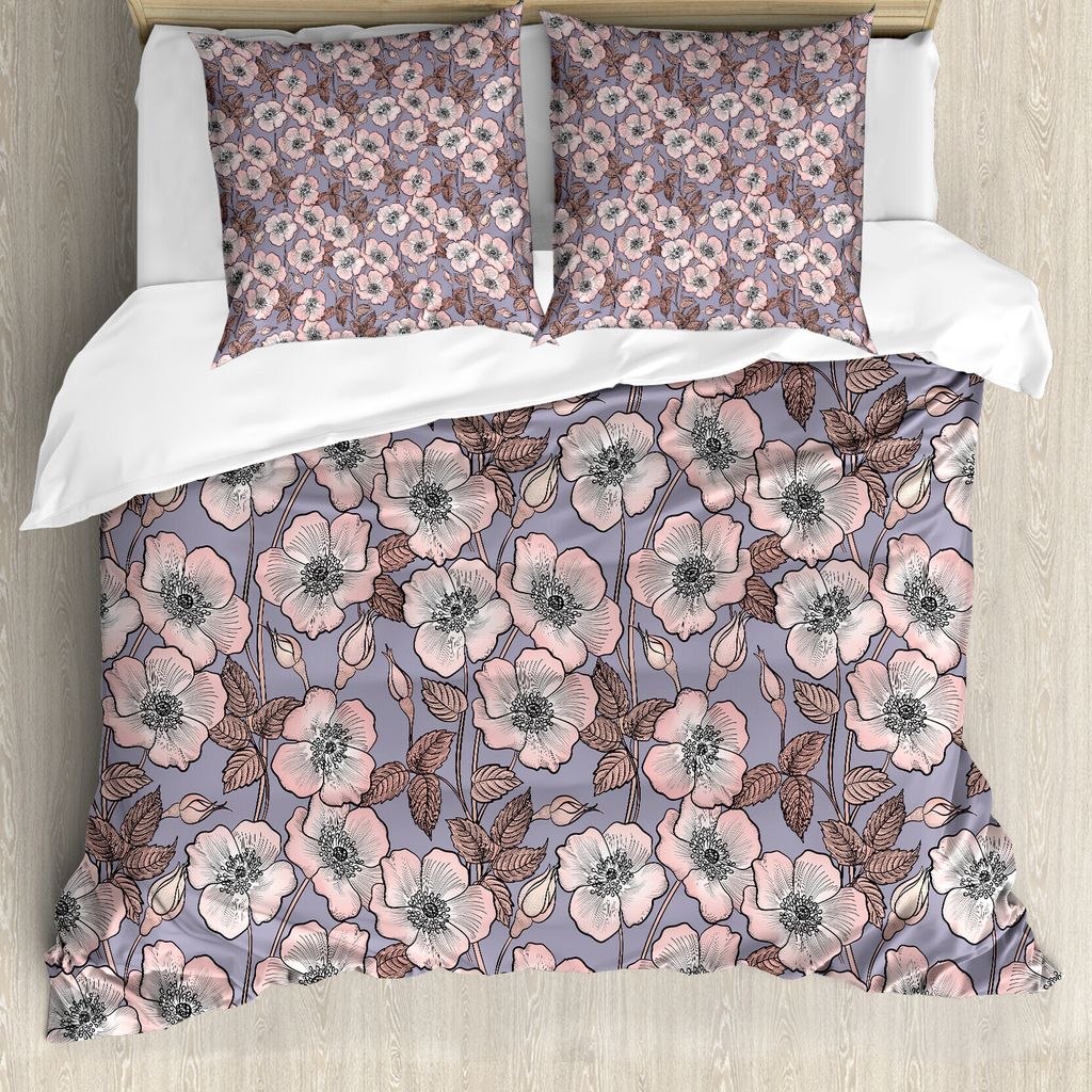 ABAKUHAUS Jahrgang Bettbezug, Poppy Knospen-Garten-Kunst, Milbensicher Allergiker geeignet mit Kissenbezügen, 200 cm x 200 cm - 80 x 80 cm, Mauve ...