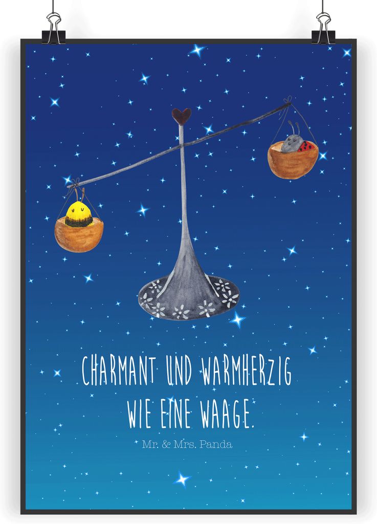 Mr. & Mrs. Panda Bild Sternzeichen Waage DIN A3 - Sternenhimmel Blau - Geschenk, kunstdruck poster, Wanddekoration, Gleichgewicht, Marienkäfer, Bi...