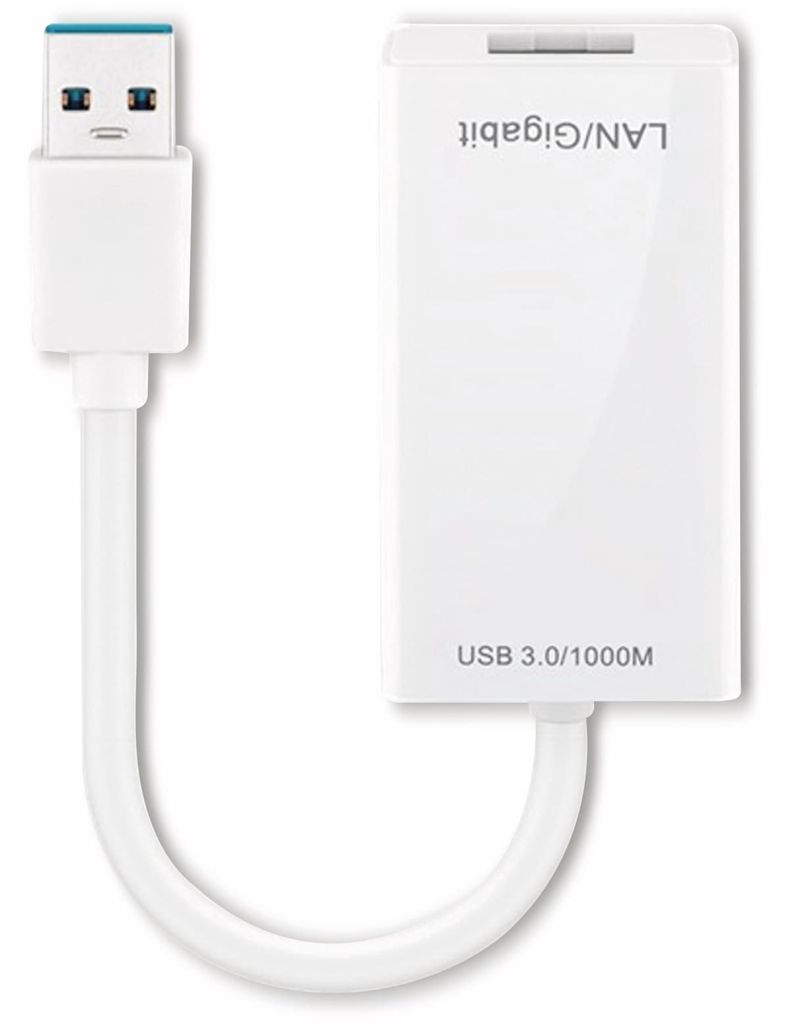 USB-A-Ethernet-Adapter, weiß zum Anschluss eines PCs an ein Ethernet-Netzwerk (RJ45) über den USB-A-Anschluss
