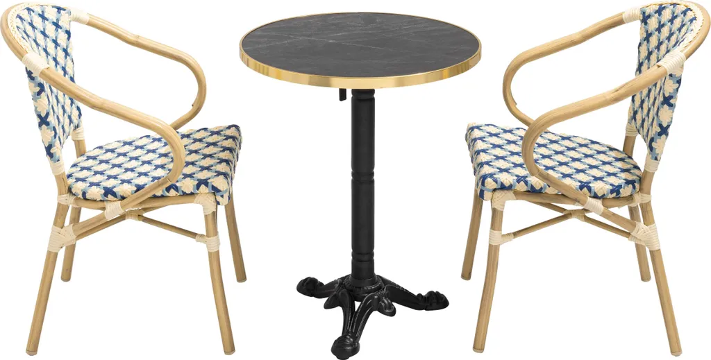 Salon de Jardin 2 Places Table Ronde en Marbre et Chaises Bleu Montmartre