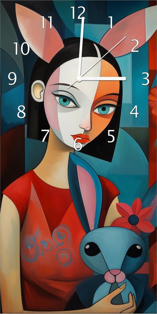 Wallario Design Wanduhr Kubistisches Hasenmädchen aus Echtglas, Größe 30 x 60 cm