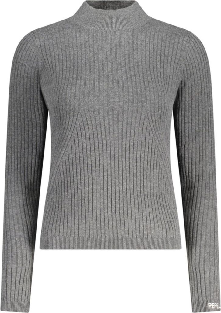 Grauer Langarm-Rollkragenpullover mit Stickerei und Kontrastdetails
