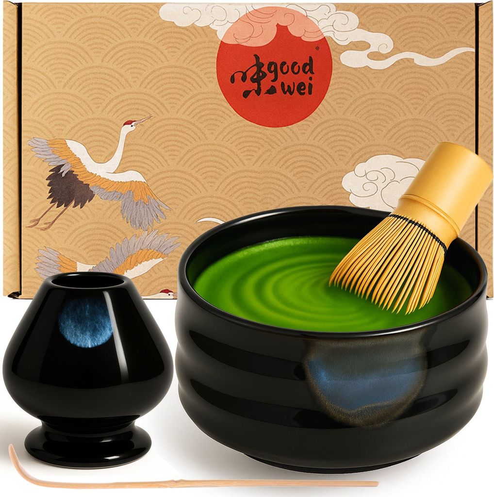 Matcha Set "Kuro" mit Schale, Besen (120 Borsten) & Besenhalter – edles Set für cremigen Matcha-Schaum und stilvollen Teegenuss