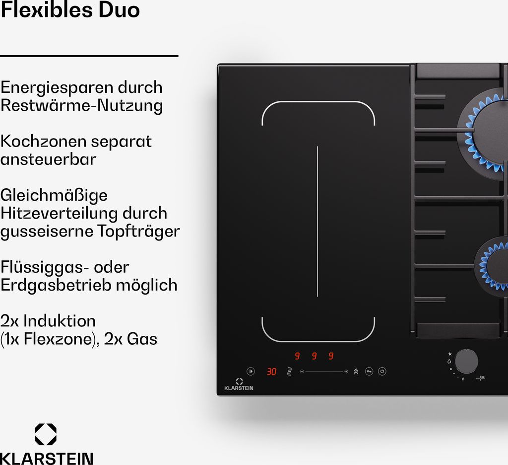 Klarstein MultiChef 4 Induktionskochfeld Mit Gaskochfeld - 4-Zonen Flexzone, 2 Gas- & 2 Induktionsbrenner, 7 Kw, Schieberegler, Stop&Go, Timer, Gus...