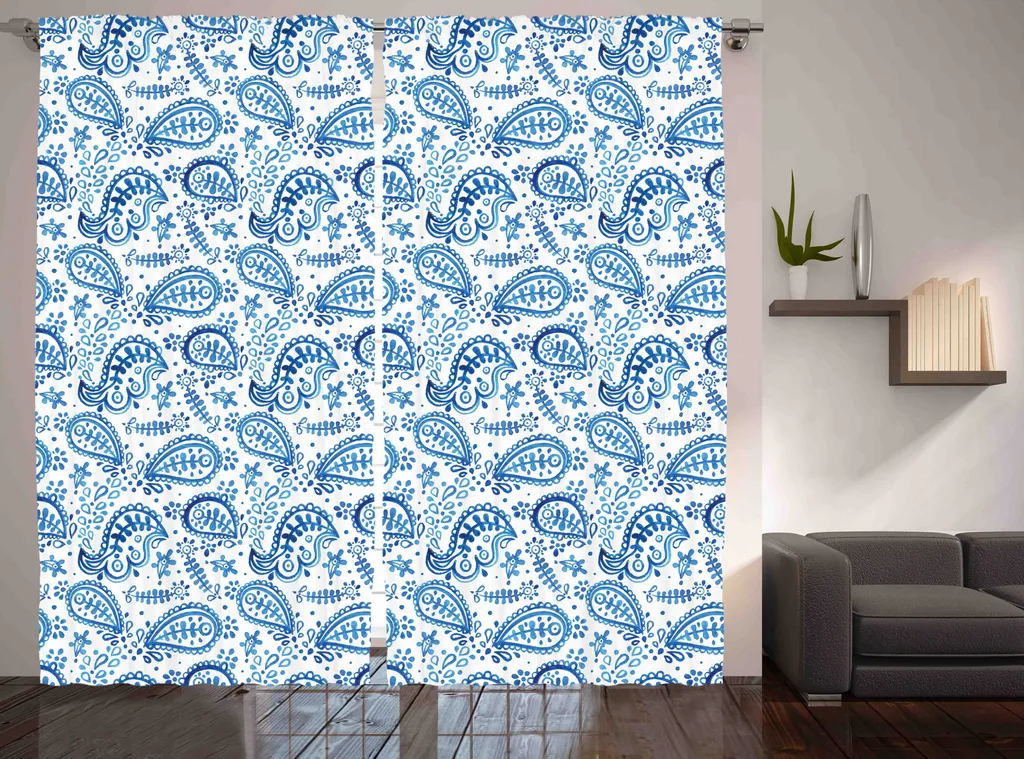 Rideau style ikat aquarelle bleu et blanc - Tissu rustique 280x225 cm