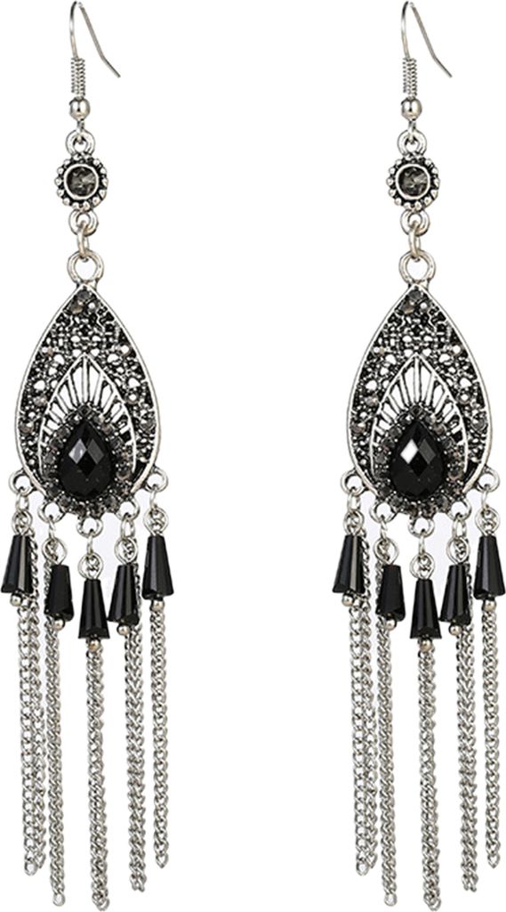 1 paar Frauen Ohrringe Tropfenförmige Lange Quaste Strass Intarsien Schweiß-proof Anti-rost Chinesischen Stil Tropfen Ohrringe mode Schmuck-Schwarz