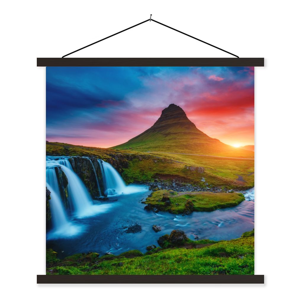MuchoWow Textilposter Wasserfall - Berg - Moos - Sonnenuntergang - Natur 40x40 cm mit schwarzem Rahmen - Fotos