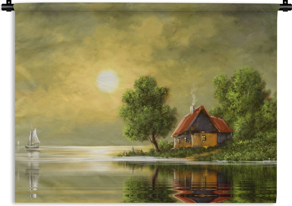 MuchoWow Wandteppich Wandbehang Gemälde - Ölfarbe - Haus - Natur - Wasser 150x112.50 cm Tapisserie Dekoration Wandtuch - Wanddecke - Wandteppiche