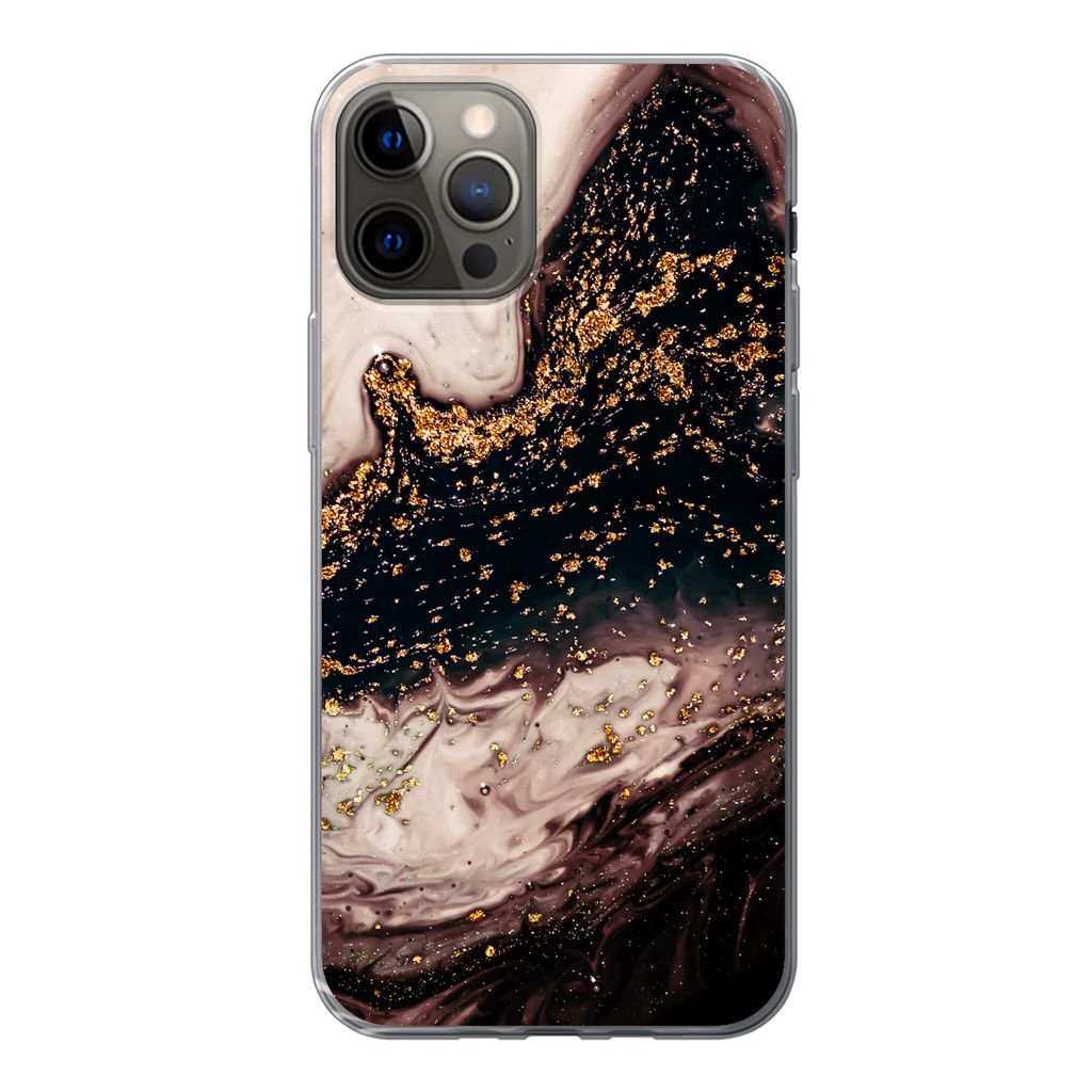 MuchoWow Handyhülle Schutzhülle Hülle für iPhone 13 Pro Naturstein - Gold - Schwarz Silikon Softcase Handy Hülle - Handy-Tasche