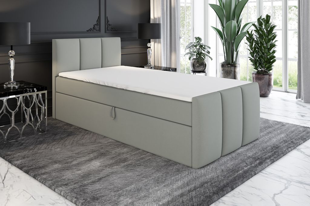 Boxspringbett, Jugendbett MOREN 80x200 (Links) mit Bettkästen, Bonell-Matratze und Topper. Farbe: Grau.