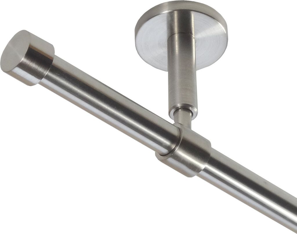 Gardinenstange Set Edelstahl Look Metall Ø 16mm zur Deckenträger 1-lauf Modern Kappe, Länge wählbar D11 E16