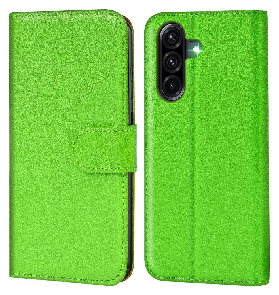 A green book-style phone case is shown from the front and back.