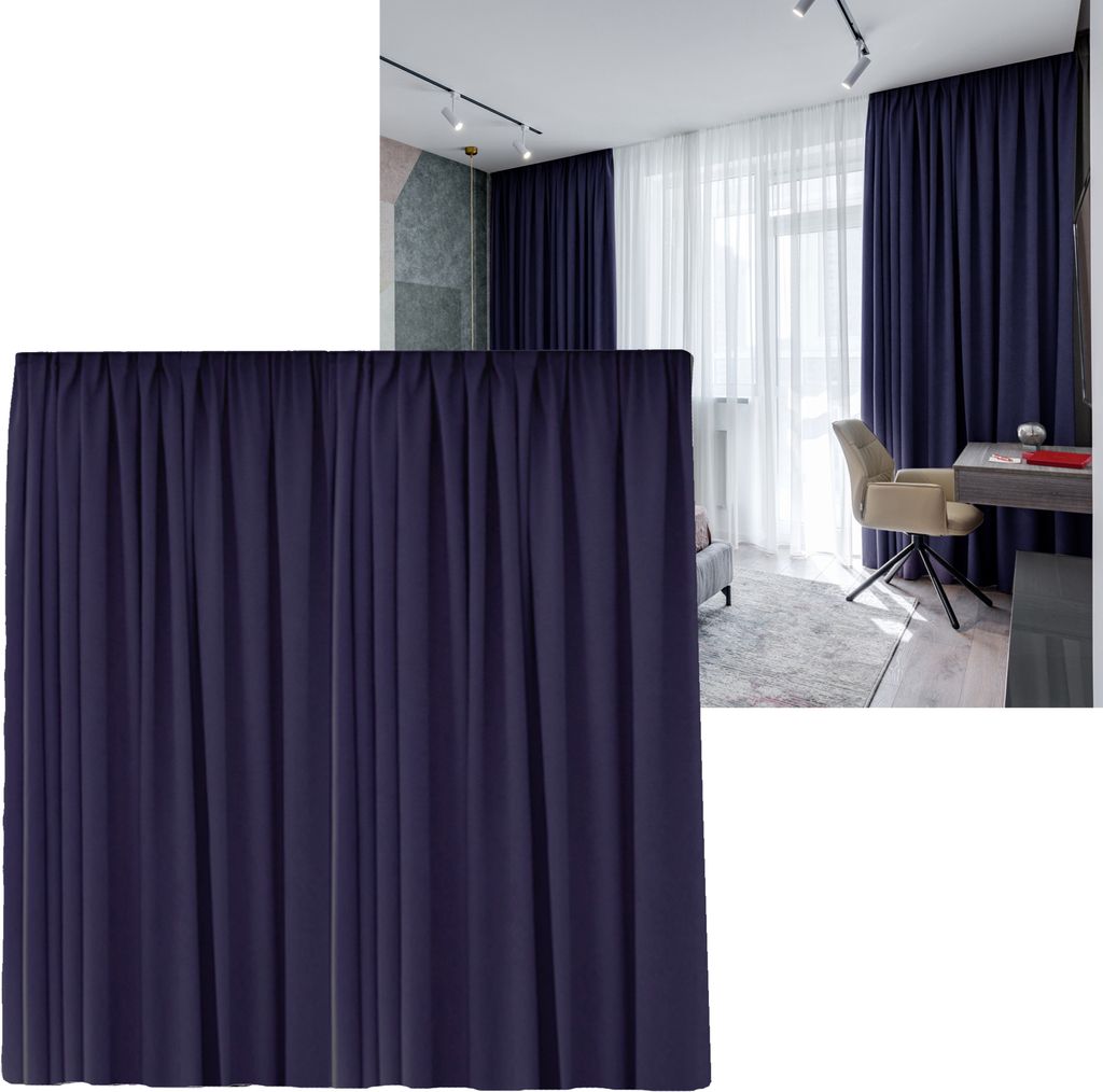 A collage showing a dark blue curtain in the foreground and a room interior with dark blue and white curtains, a desk, and a chair in the background.