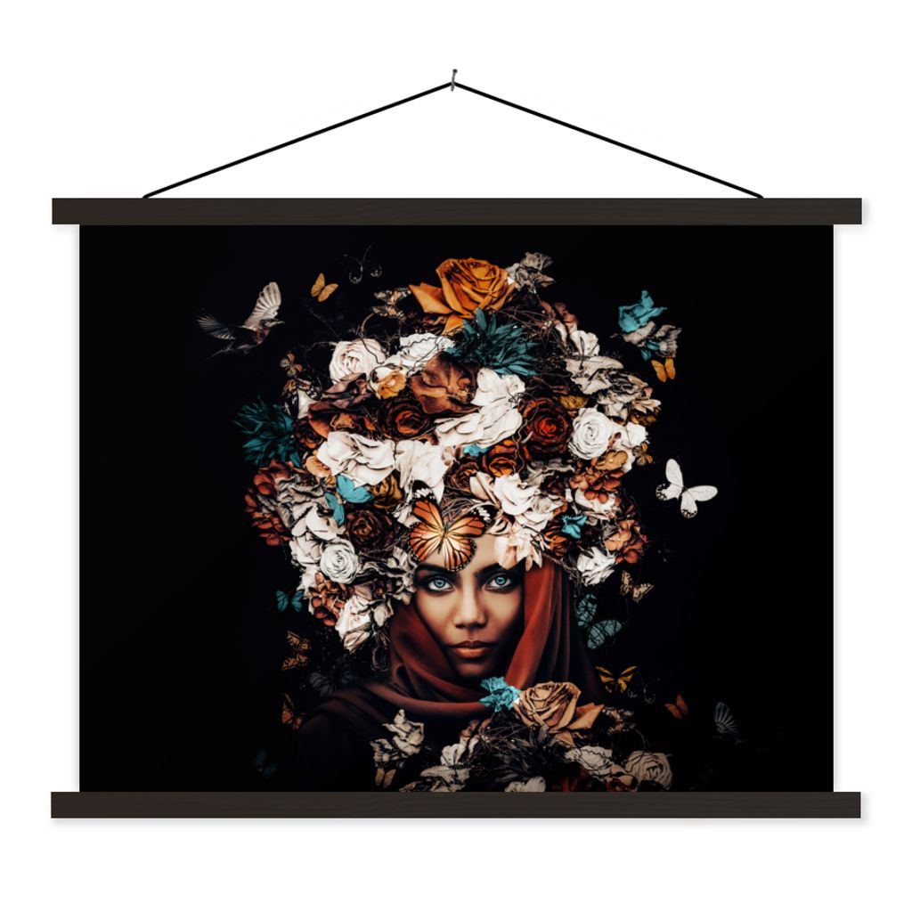 MuchoWow Textilposter Blumen - Schmetterling - Frauen - Kopftuch 120x90 cm mit schwarzem Rahmen - Aufhänger für Poster