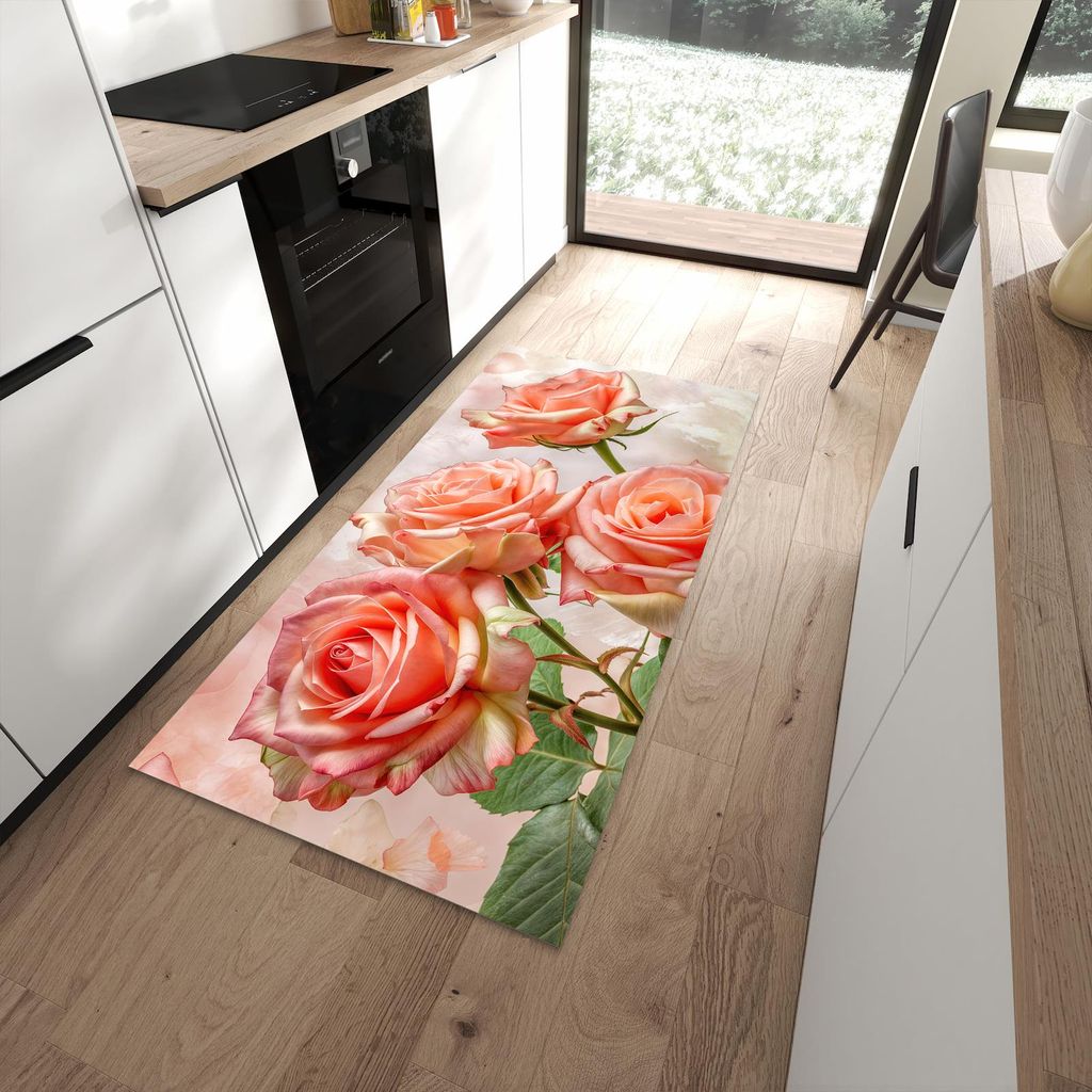Küchenteppich 90x180cm rutschfest & abwischbar PVC Läufer - Rosen Bouquet