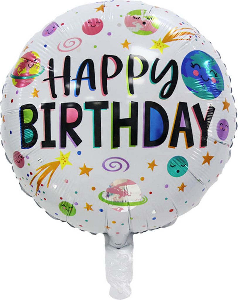 Folienballon Happy Birthday rund 45 cm, Planeten weiß bunt