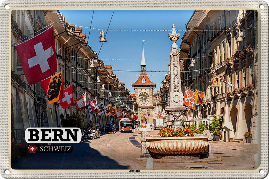 Blechschild Reise Bern Schweiz Altstadt Flaggen 18x12cm