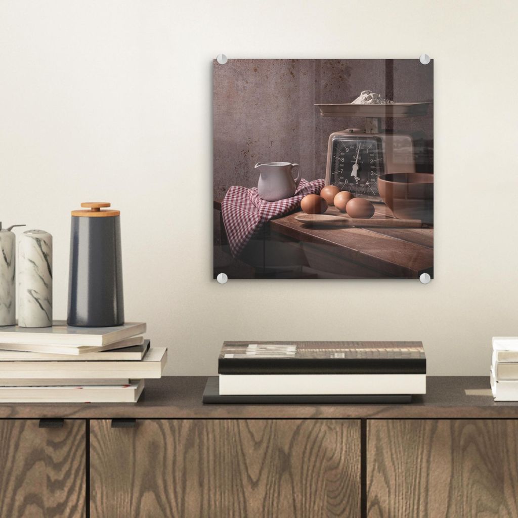 MuchoWow Glasbilder - Bilder auf Wandbild - Foto auf Glas Stilleben - Kochen - Waage - Eier - Küche 20x20 cm Wanddekoration aus Glas - Acrylglasbi...