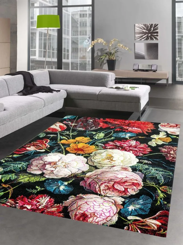 Tapis Design Salon 120x170 cm Bouquet Fleurs Noir et Rouge Moderne