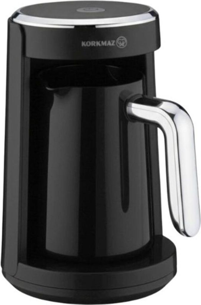 A black coffee maker with a silver handle and trim, shown from the front.