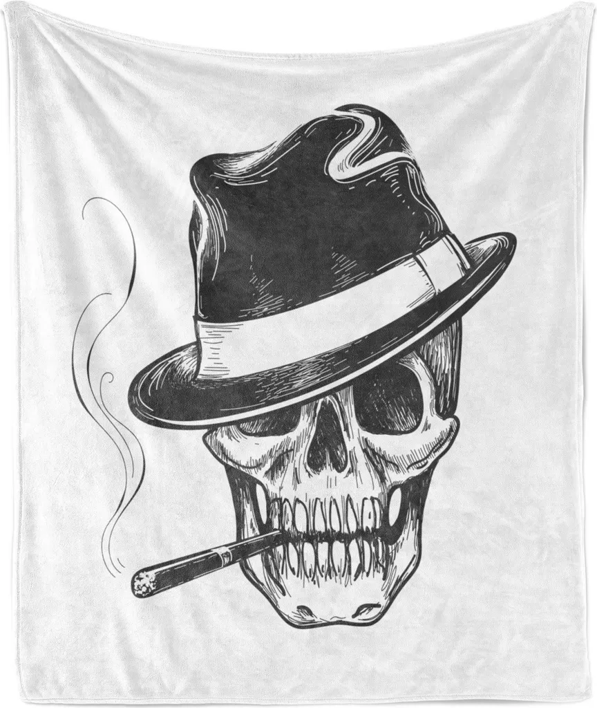 ABAKUHAUS Coperta morbida in flanella e pile con teschi, grafica monocromatica raffigurante una testa di scheletro di gangster che fuma con un cappello, 175 x 230 cm, grigio scuro e bianco