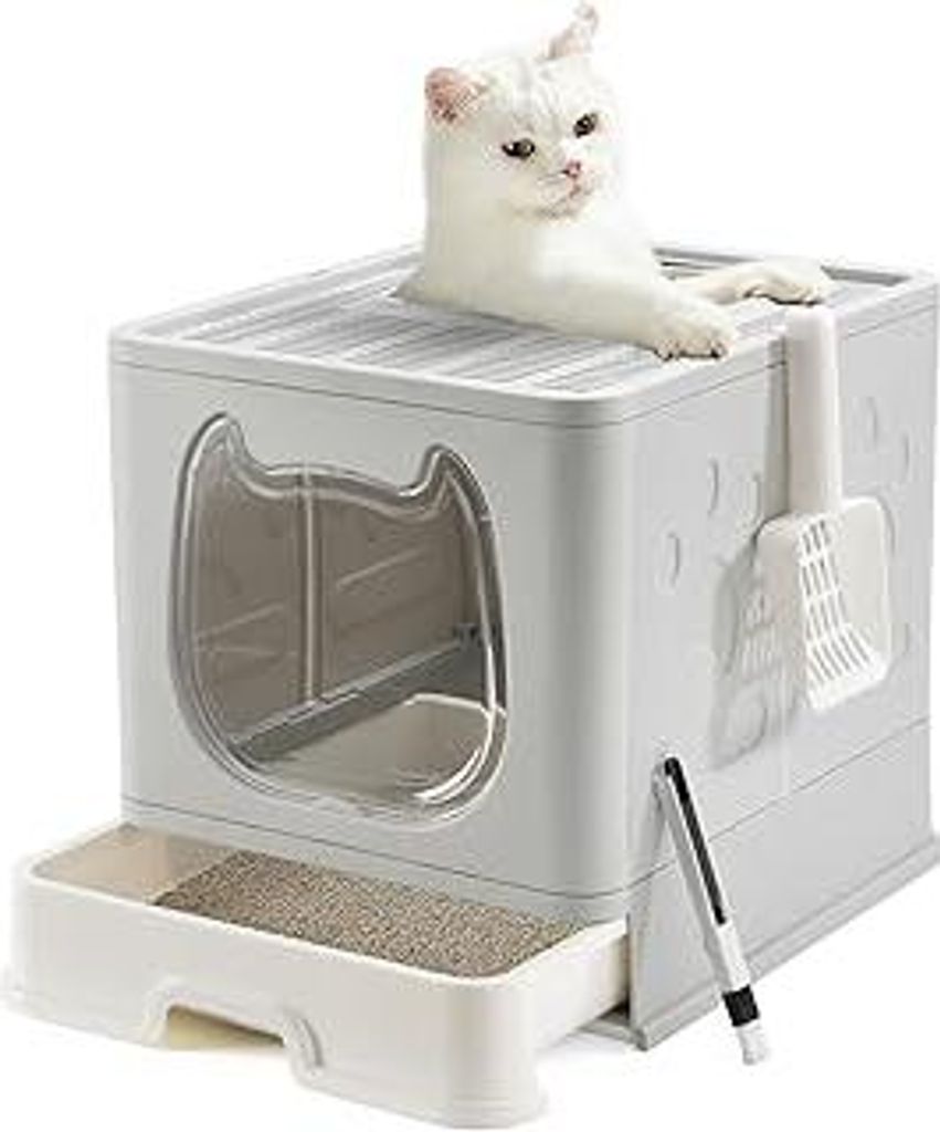 Katzentoilette, Faltbare Katzenklo, Katzentoilette mit Deckel, Haustiertoilette inklusive Schaufel und sauberer Bürste, Leicht zu Reinigen