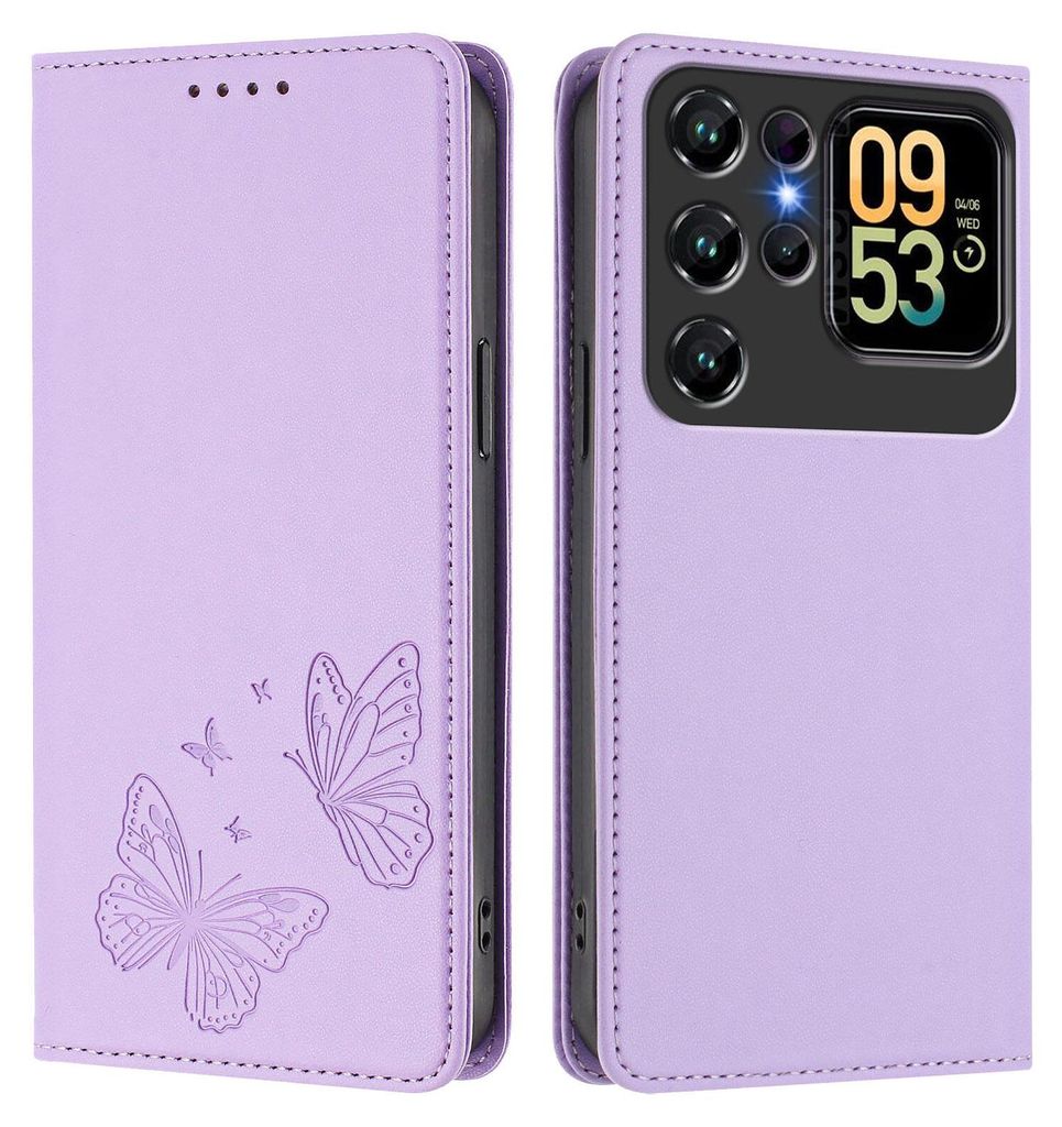 Lederhülle für Oukitel C62 / C62 Pro, Schmetterling Prägung Leder Brieftasche Schutzhülle mit Ständer Violett