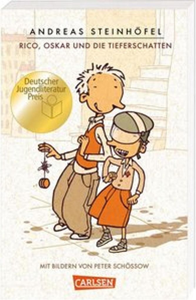 Illustration of two cartoon boys on a street with a prize medal.