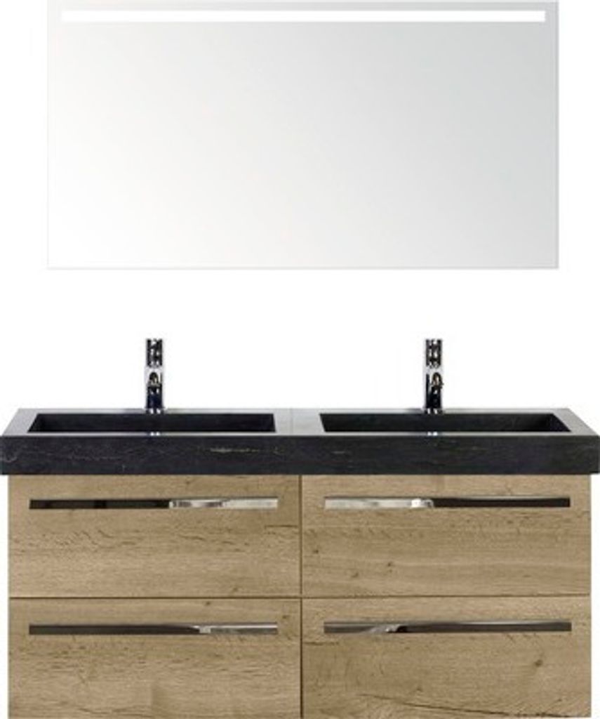 Badmöbel-Set Sanox Seville BxHxT 121 x 170 x 45,5 cm Frontfarbe eiche natur mit Waschtisch Naturstein schwarz und Naturs