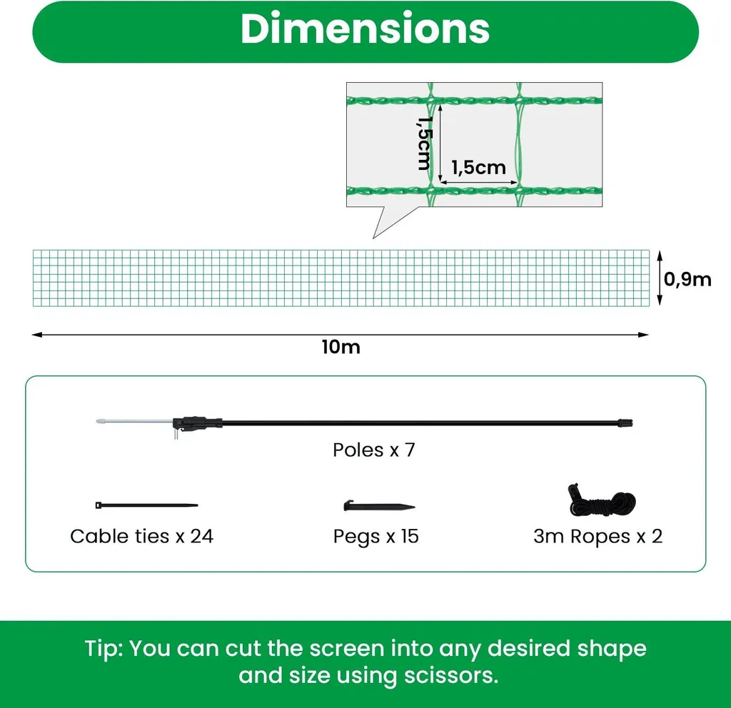 Clôture mobile de jardin en filet PE vert 90 cm x 10 m pour volaille