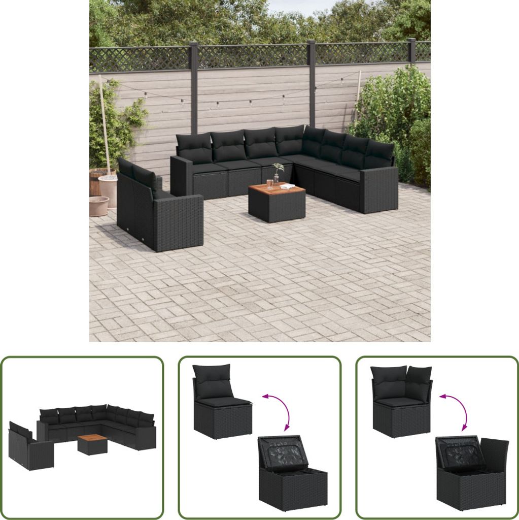 The Living Store 10-tlg. Garten-Sofagarnitur mit Kissen Schwarz Poly Rattan