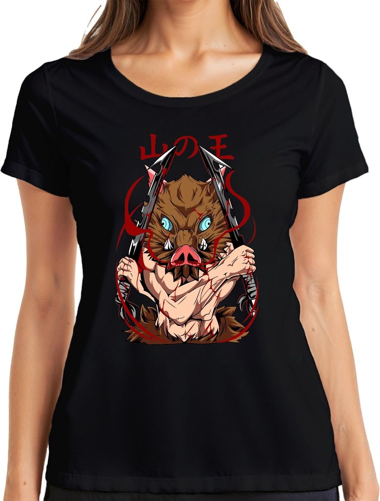 Inosuke Wildschwein Maske Dämonenjäger Dualklingen Anime Geschenk Damen T-Shirt, Schwarz, 3XL
