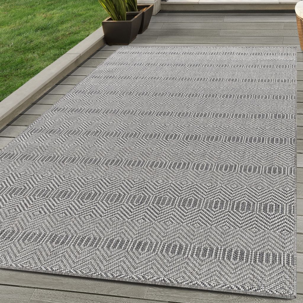 In & Outdoor Teppich Boho Design Wetterfest für Terrasse Balkon Küche, Farbe:Grau, Grösse:80x250 cm
