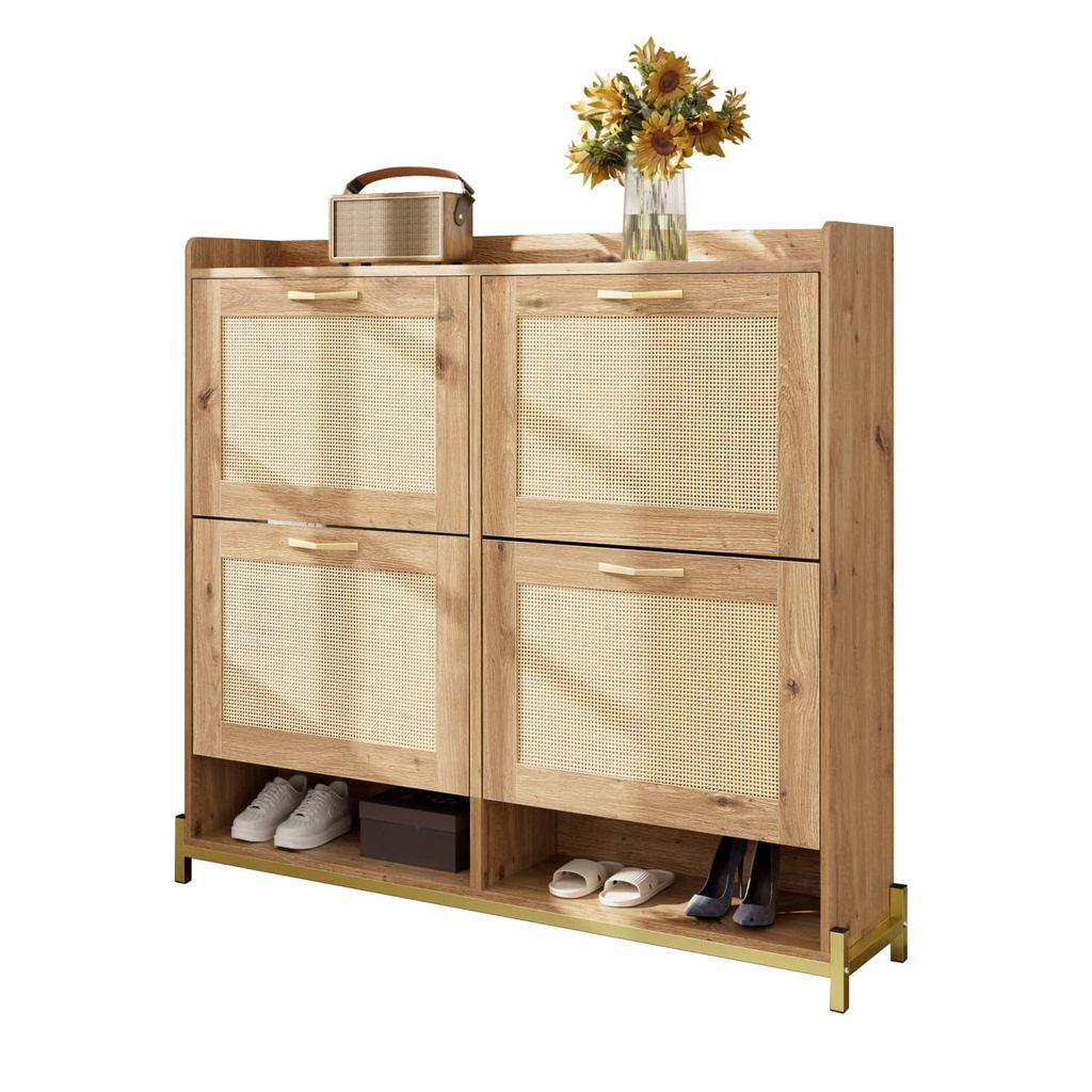 Eleganter Schuhschrank aus Holz mit Rattantüren – 4 Türen, Metallrahmen und oberes Regal für stilvolle und übersichtliche Aufbewahrung