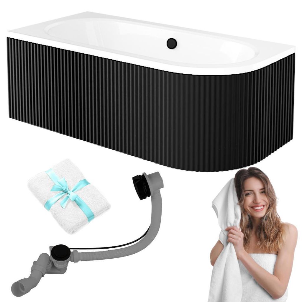 AQUA For You | Badewanne - BESCO AVITA - Eckbadewanne - 160 x 75 cm - LINKS - Schwarz - Set mit Schürze, Füßen, Ablaufgarnitur, Rechteck Badewanne
