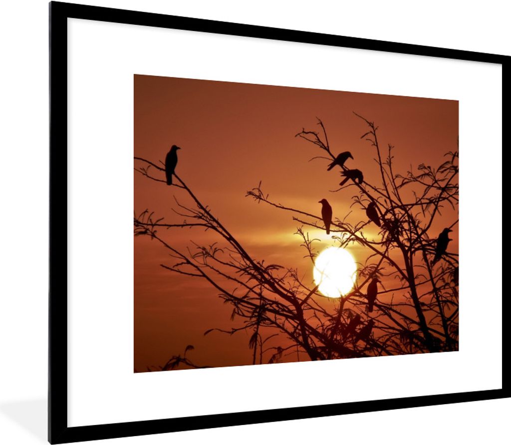 MuchoWow Gerahmtes Poster Sonne - Krähe - Zweig 80x60 cm - Poster mit Schwarzem Bilderrahmen Wandposter Rahmen Foto Bilder - Schlafzimmer-Dekora...