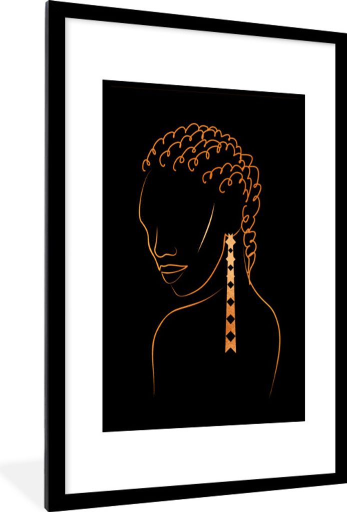 MuchoWow Gerahmtes Poster Frau - Gold - Ohrring - Strichzeichnung 60x90 cm - Poster mit Schwarzem Bilderrahmen Wandposter Rahmen Foto Bilder - De...