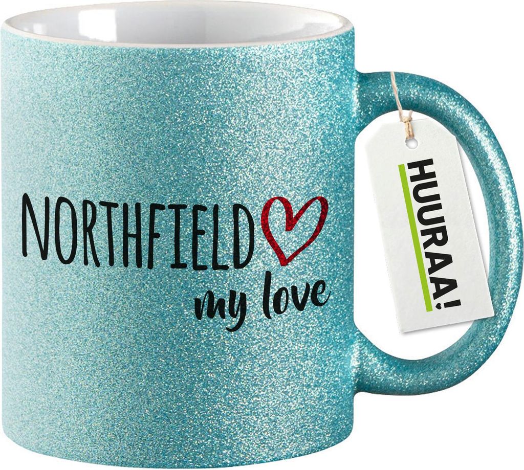 Huuraa Glitzertasse Northfield my love 330ml Blau Keramik Kaffeebecher Geschenkidee