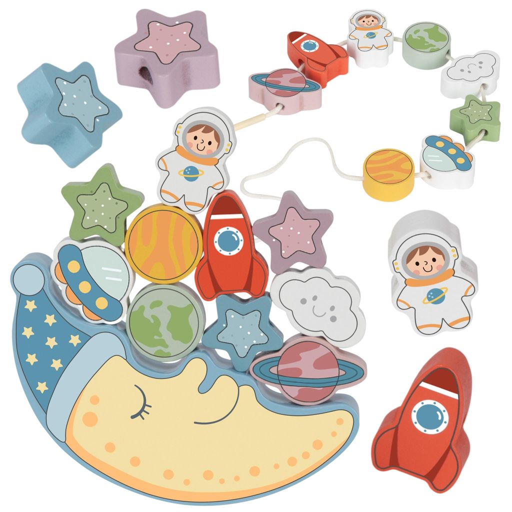 Tooky Toy Cosmic Sleeping Moon Balancierendes Holzpuzzle zum Einfädeln, Montessori-Weltraum
