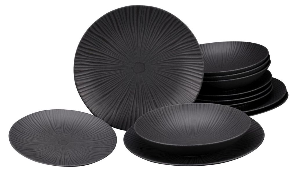 CreaTable Vesuvio Schwarz Tellerset 12-tlg Steinzeug Produktbild 
