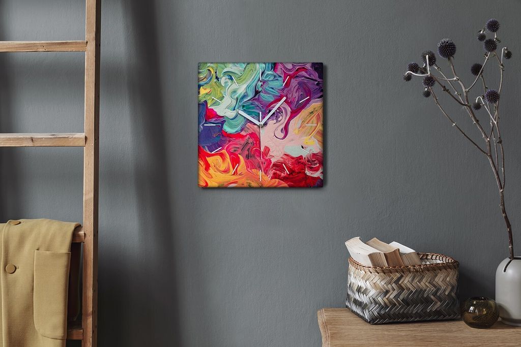 Coloray Hodiny Unikátní 30x30 cm Tiché hodiny Pro obývací pokoj a kuchyň Nástěnné hodiny Plátno Bílé ručičky hodin - Abstrakce barev