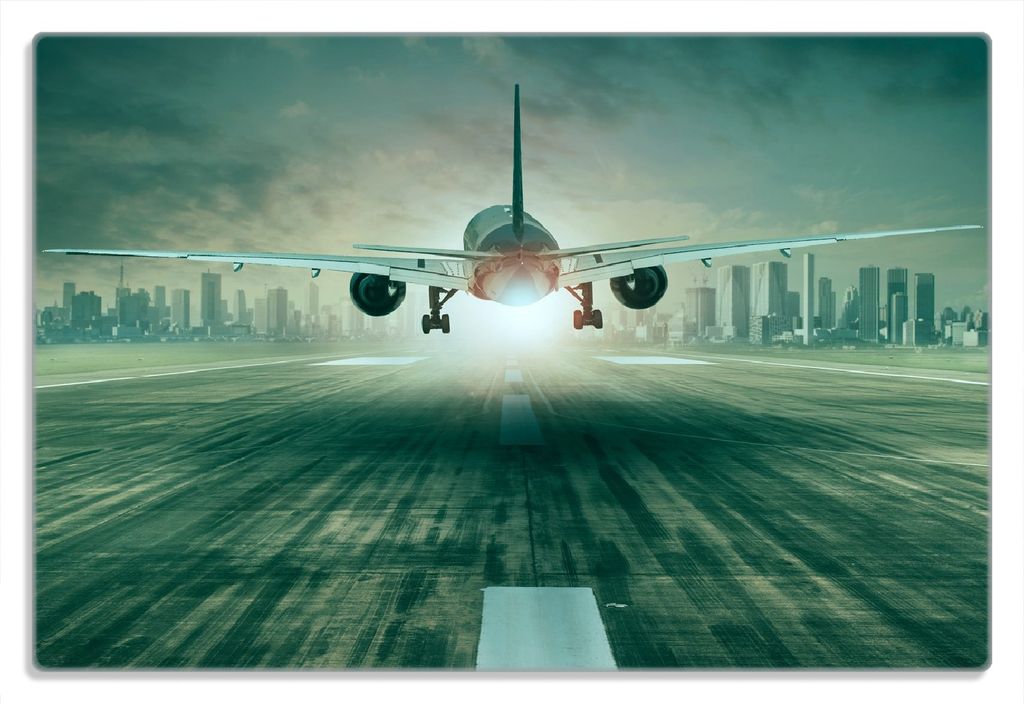 Wallario Frühstücksbrettchen aus Glas 20 x 30 cm mit rutschfesten Füßen, Motiv Startendes Flugzeug - Landebahn