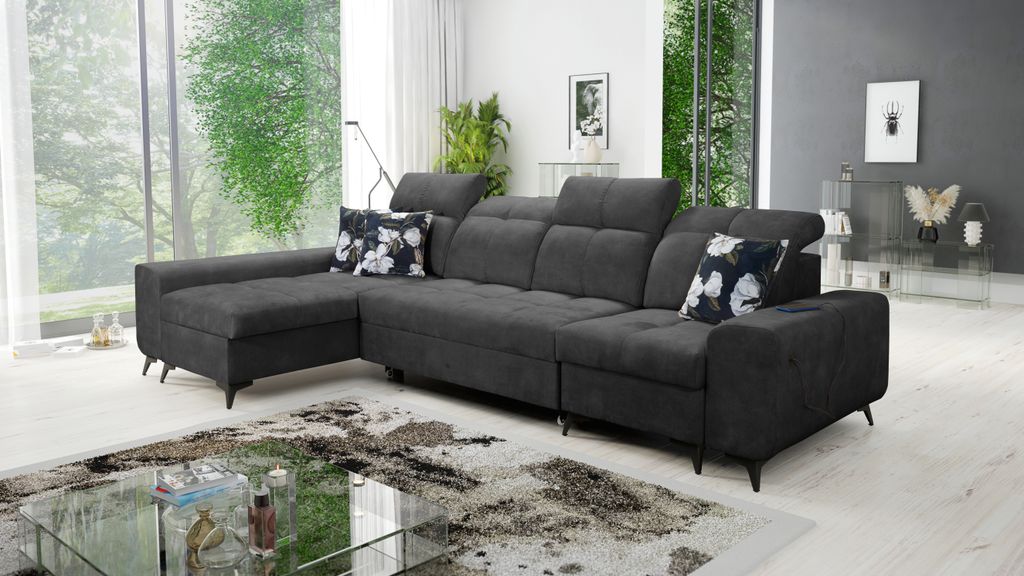 Sofa mit Ottomane Wohnzimmer Couch Ecksofa GOLD XII Ottomane Links Farbe Grau Stoff WAVE 16 IM SOFA