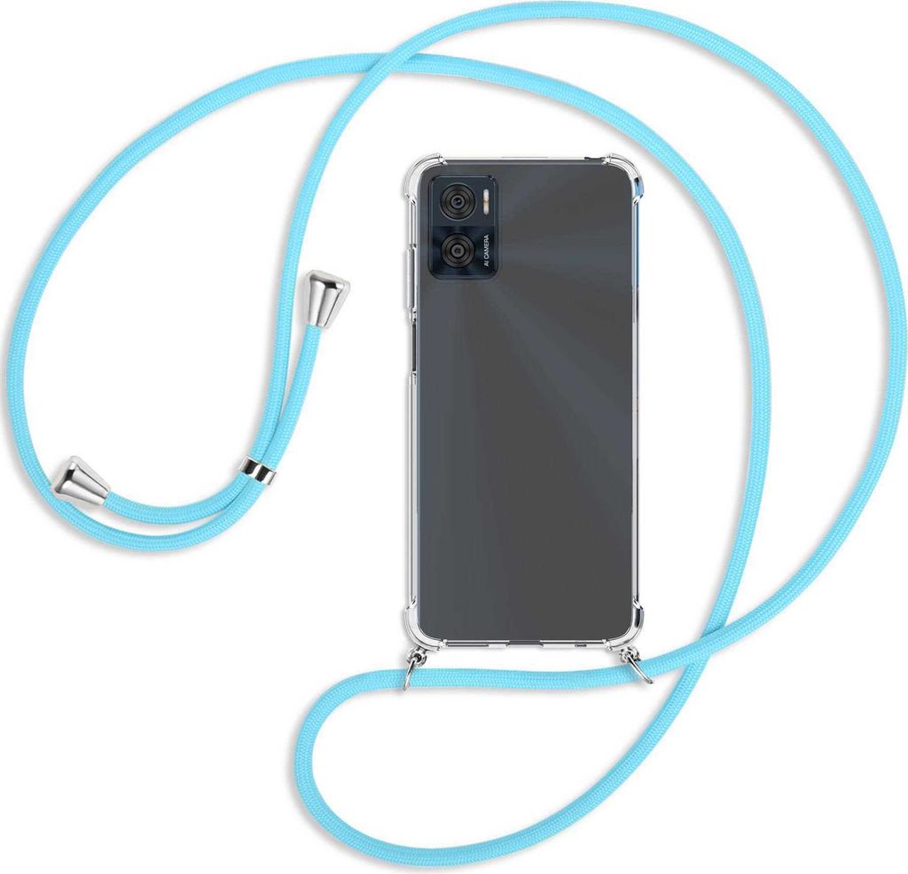 Handykette Backcover-Schutzhülle mit Band (Metall silberfarben) für Motorola Moto E22, Moto E22i 4G - himmelblau